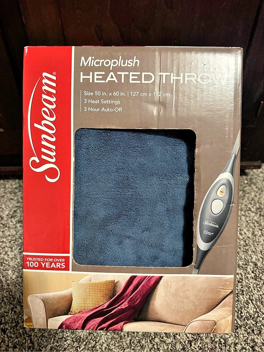 Sunbeam Microplush Heated Throw Blanket 50x60 Navy Blue New in Box